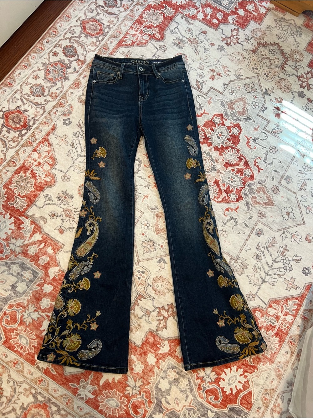 Grace Dark Blue Flare Jeans with Gold Paisley Embroidery
